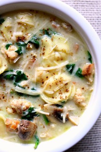 Slow Cooker Tortellini Soup with Parmesan, Chicken Sausage and Mushrooms