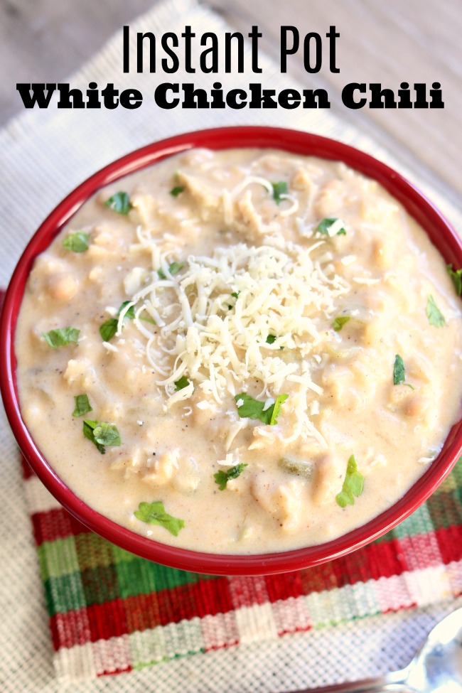 Instant Pot Creamy White Chicken Chili--an indulgent white chili recipe with green chiles, onion, chicken breasts, and white beans (dried or canned). Win your next chili cook-off with this recipe. 