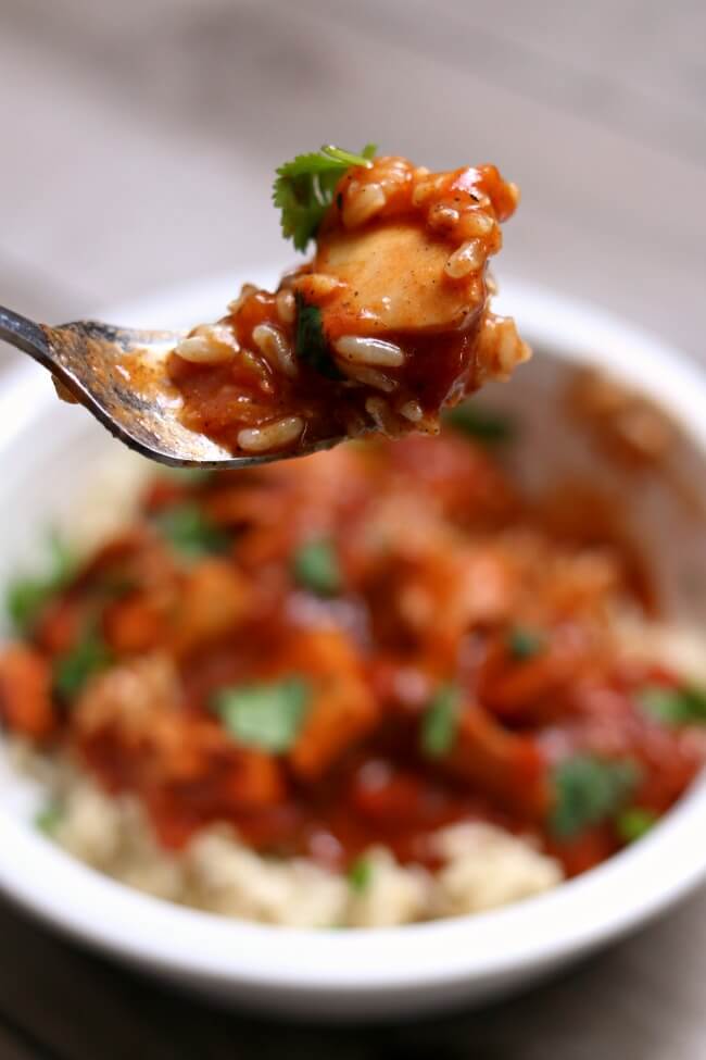 Slow Cooker Chicken Tikka Masala Recipe--tender bites of chicken in a tomato sauce with creamy coconut milk. We like to serve this with rice or naan bread. The sauce is so good I could drink it.