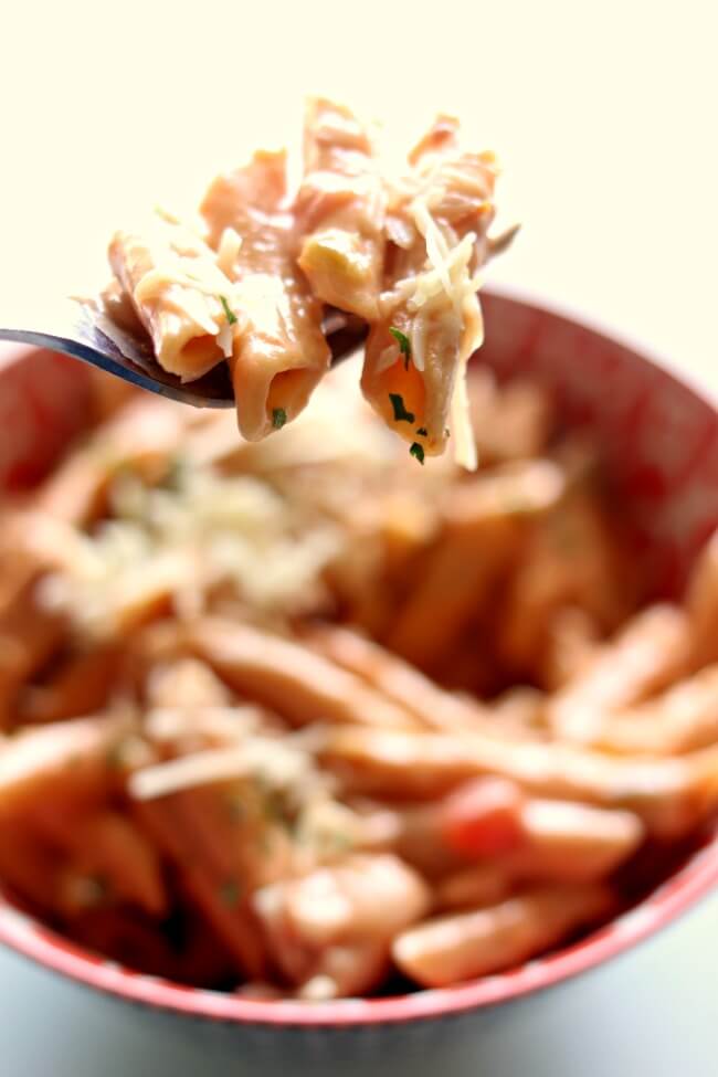 Instant Pot Chicken Alfredo Salsa Pasta--the easiest recipe ever. With just four ingredients and your pressure cooker this is a perfect meal to make when you're busy but still want to put dinner on the table! Kids and adults alike love this creamy penne pasta and will be asking for seconds. 