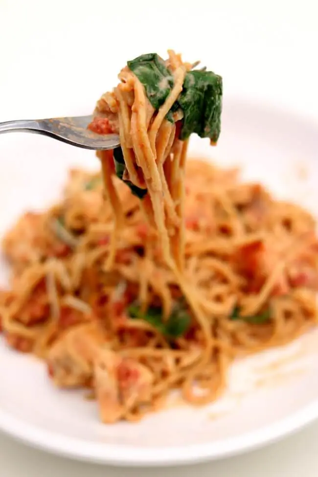 Instant Pot Creamy Chicken Bacon Spaghetti--tender bites of chicken are cooked with spaghetti in your electric pressure cooker. The spaghetti is tossed with crumbled bacon, spinach, tomatoes, garlic and parmesan for a flavorful meal that the whole family will love. 