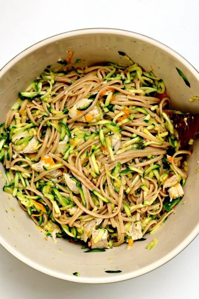 Instant Pot Zucchini Linguine--al dente pasta is stirred together with fresh zucchini, tender chicken bites, yogurt, garlic and cheddar. A simple summer recipe that is so delicious and can be made quickly in your electric pressure cooker.