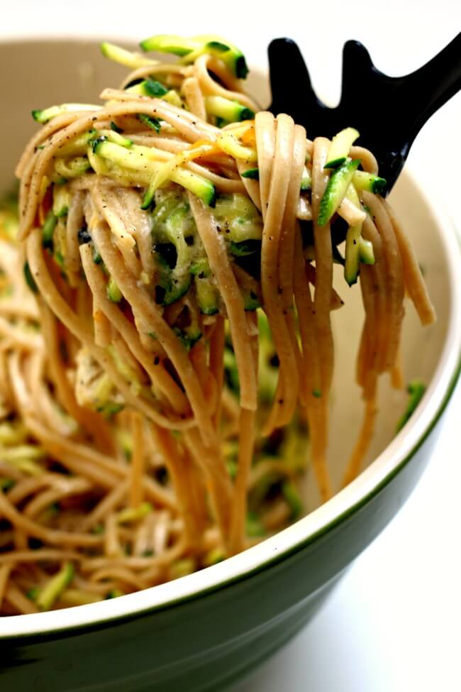 Instant Pot Zucchini Linguine--al dente pasta is stirred together with fresh zucchini, tender chicken bites, yogurt, garlic and cheddar. A simple summer recipe that is so delicious and can be made quickly in your electric pressure cooker.