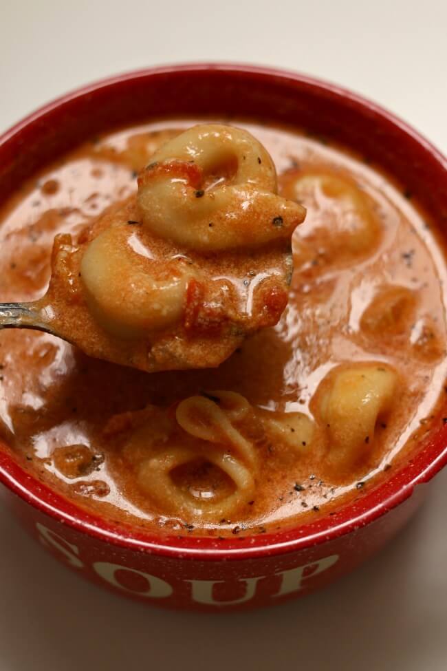 Instant Pot Tomato Basil Parmesan Tortellini Soup--a creamy tomato basil soup with cheese tortellini that is made quickly in your electric pressure cooker. You won't miss the meat when you eat this Instant Pot vegetarian recipe for dinner!