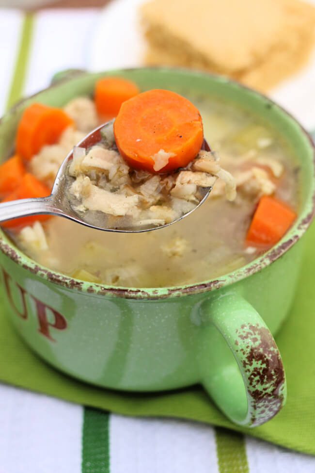 Instant Pot Chicken and Rice Soup--a broth based soup with chicken, celery, carrots and brown rice. This soup reminds me of chicken noodle soup except it has rice instead of noodles.  