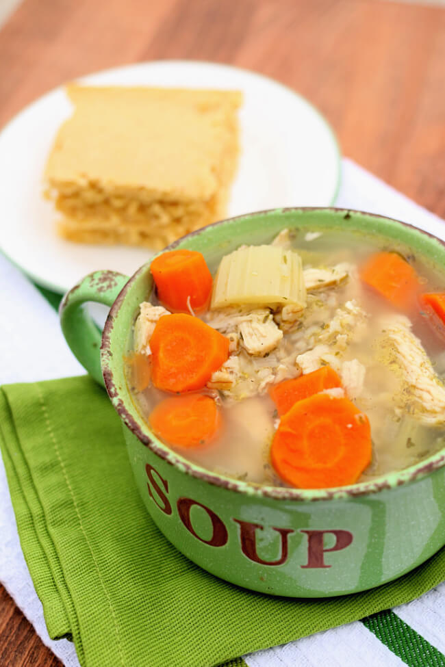 Instant Pot Chicken and Rice Soup--a broth based soup with chicken, celery, carrots and brown rice. This soup reminds me of chicken noodle soup except it has rice instead of noodles.  