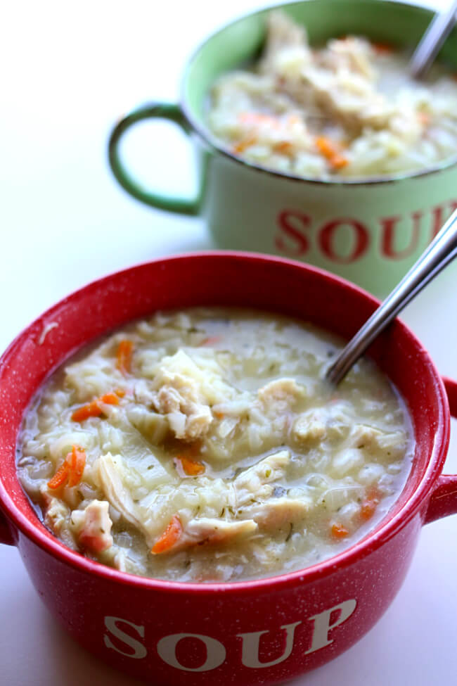 Slow Cooker Lemon Orzo Soup--A delicious soup with bites of chicken, orzo pasta and a bright lemon flavor.