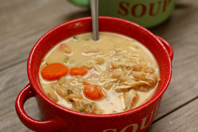 Slow Cooker Chicken and White Bean Soup--dried navy beans are slow cooked with onion, garlic, spices, carrots, celery and chicken (or you can use turkey). You can make it creamy or dairy free (it's up to you). For cold nights this soup is a 10 out of 10!