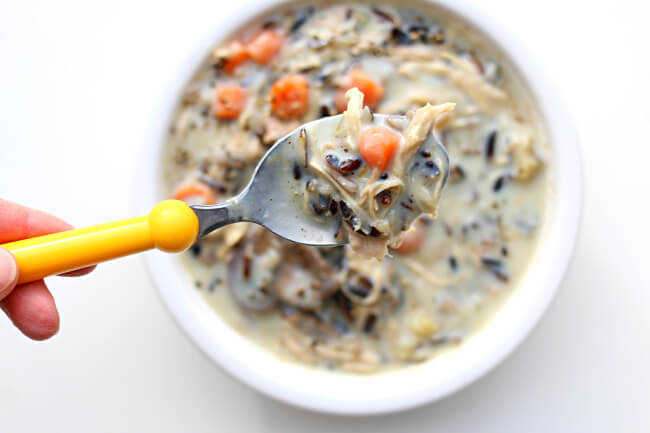 Instant Pot Chicken Mushroom Wild Rice Soup--A creamy soup that is full of lots of goodness–wild rice, chicken, mushrooms, carrots and celery.