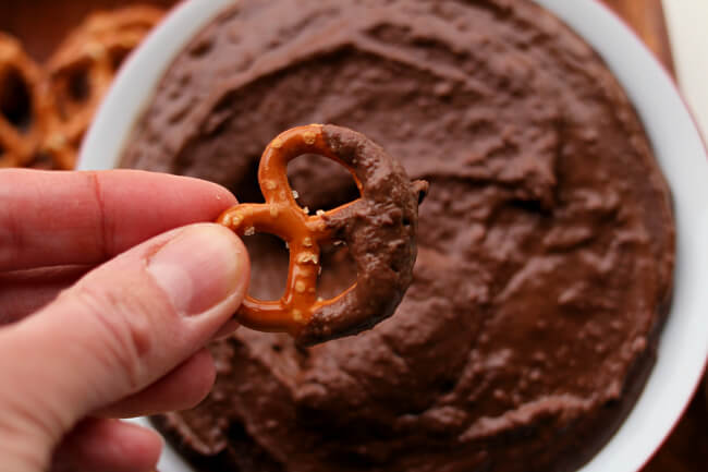 Instant Pot Chocolate Peanut Butter Hummus--make a chocolate dip that's a little healthier using chickpeas! This is great as a dip for fruit and pretzels. Dried chickpeas can be cooked very quickly in the Instant Pot.