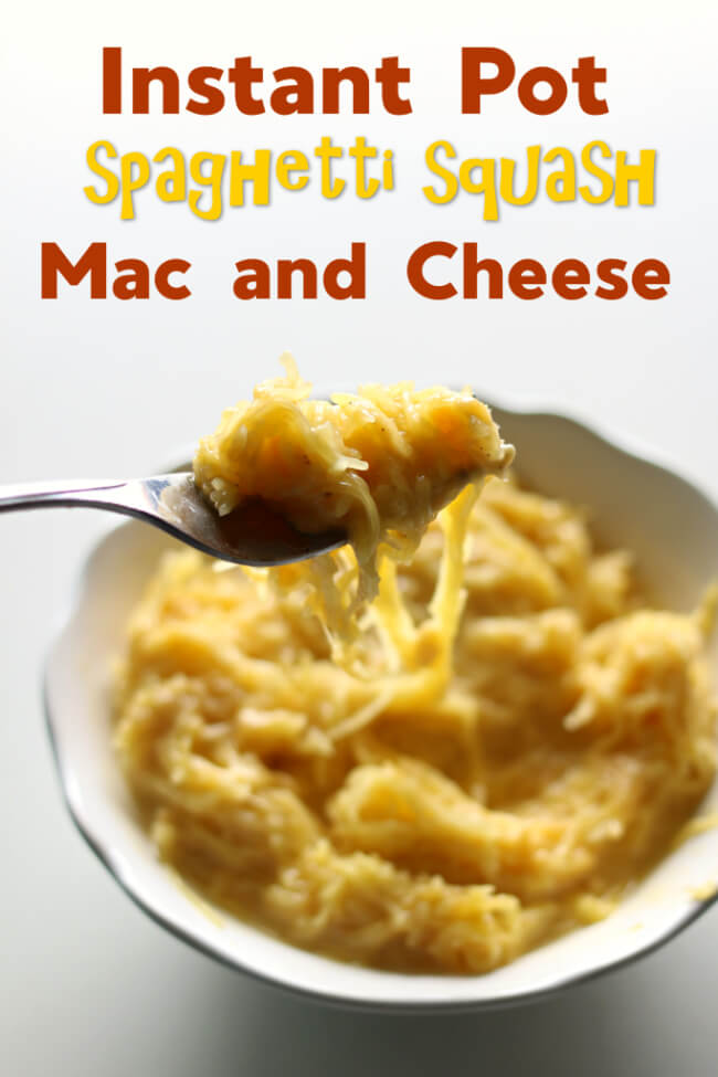 Instant Pot Spaghetti Squash Mac and Cheese--if you're looking for a lower calories and lower carb way to enjoy mac and cheese this recipe is for you. Spaghetti squash is cooked quickly in your electric pressure cooker and then a cheesy sauce is stirred in with the squash strands to make a comforting meal.
