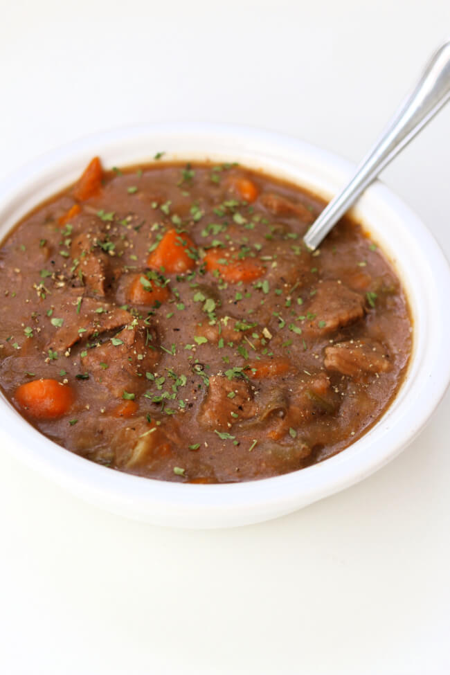 Instant Pot Cheater Beef Stew--if you're looking for the easiest beef stew recipe you may have found it! This recipe is made quickly in your Instant Pot and requires little to no prep and only 5 ingredients. No sauteing, chopping or browning. And best of all it tastes great!