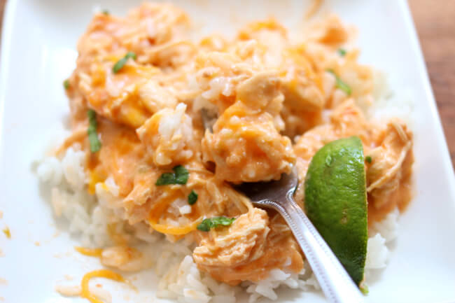 Instant Pot Creamy Salsa Chicken--tender bites of chicken with an amazing sauce of just 3 ingredients: salsa, lime juice, and sour cream. This chicken and sauce tastes great over rice or rolled up in a tortilla. Plus it's so fast and easy to make, you can even use frozen chicken.