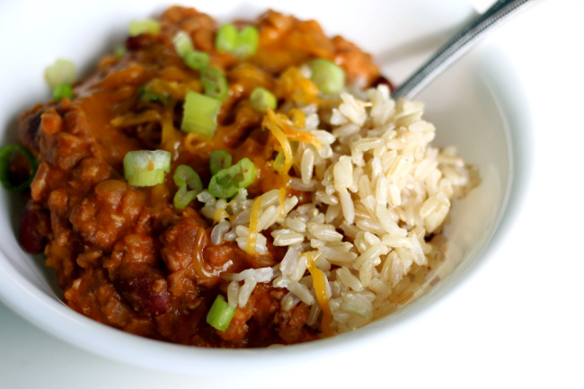 Slow Cooker Madras Lentils with Ground Beef--lentils, red beans and spices simmered in a creamy tomato sauce. Serve like a chili or over rice. 