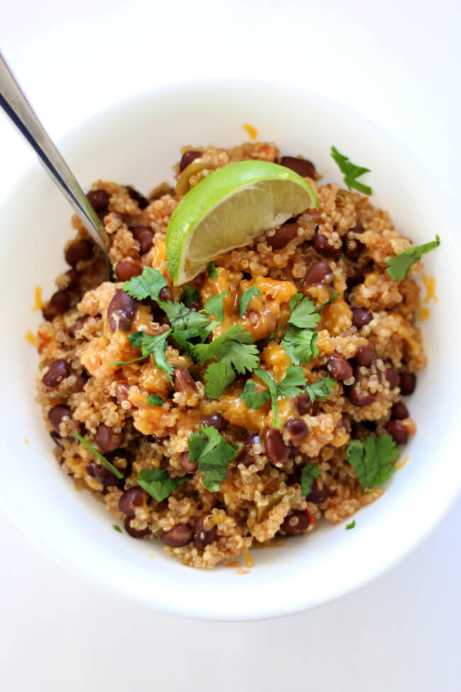 Slow Cooker Mexican Quinoa and Black Beans--flavorful quinoa with salsa, black beans and sliced avocado. An easy meatless meal or an amazing side dish. 
