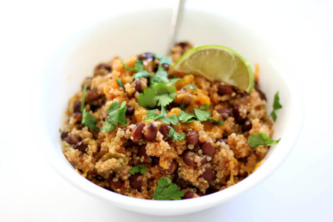 Slow Cooker Mexican Quinoa and Black Beans--flavorful quinoa with salsa, black beans and sliced avocado. An easy meatless meal or an amazing side dish.  