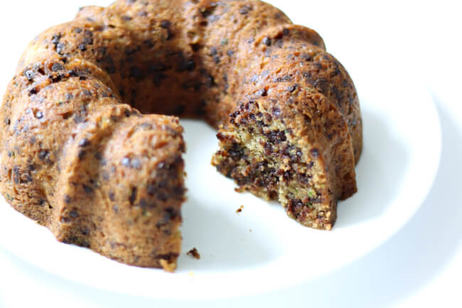 Instant Pot Chocolate Chip Zucchini Banana Bread--a moist quick bread (cake?) that is a cross between banana and zucchini bread. The bonus is that it's got mini chocolate chips too and it's made in your electric pressure cooker.