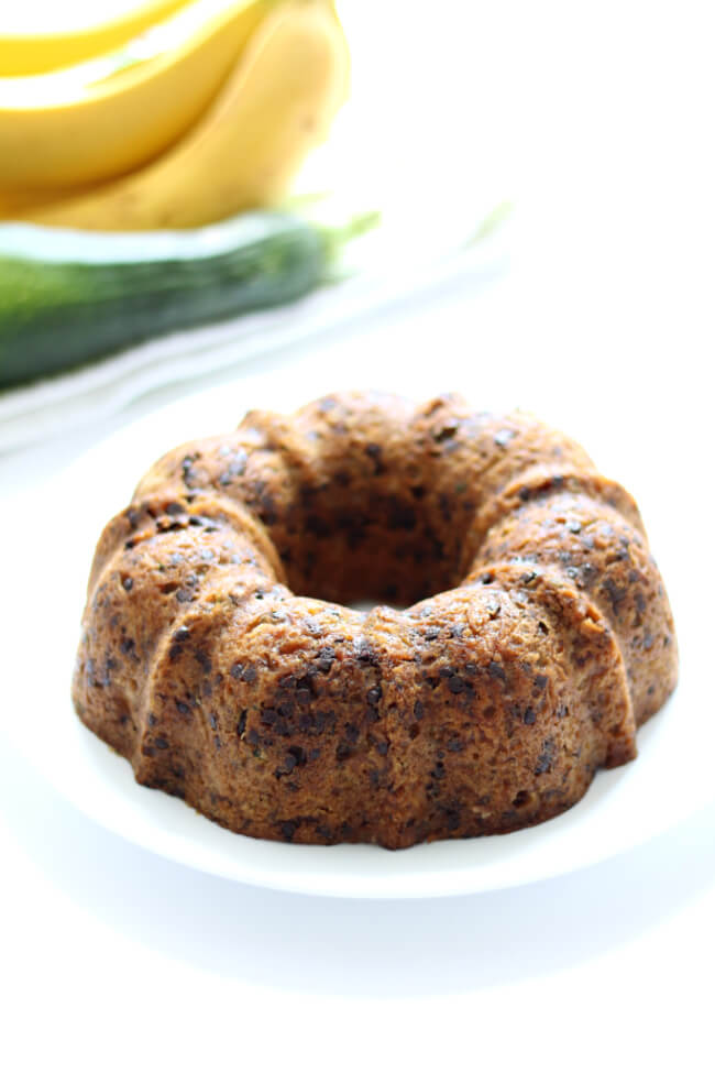 Instant Pot Chocolate Chip Zucchini Banana Bread--a moist quick bread (cake?) that is a cross between banana and zucchini bread. The bonus is that it's got mini chocolate chips too and it's made in your electric pressure cooker.