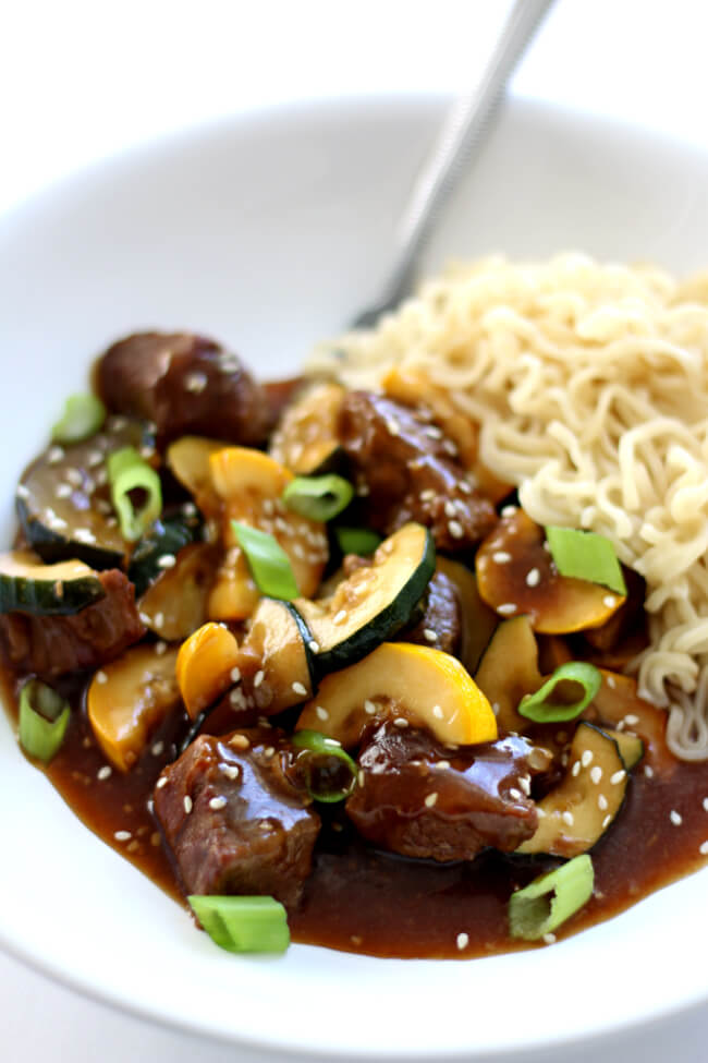 Instant Pot Sesame Beef with Zucchini--tender chunks of beef with bites of zucchini in an easy stir fry sauce. 