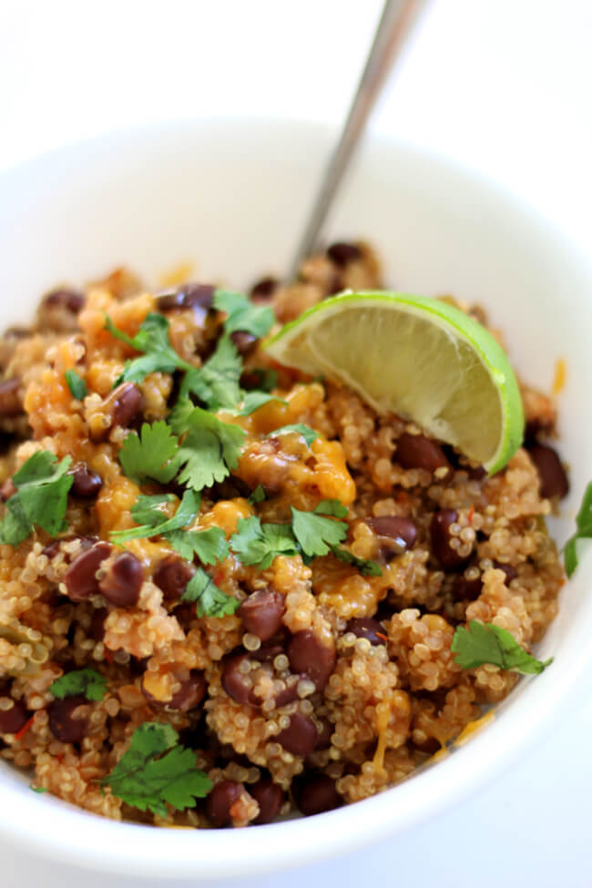 Slow Cooker Mexican Quinoa and Black Beans--flavorful quinoa with salsa, black beans and sliced avocado. An easy meatless meal or an amazing side dish. 