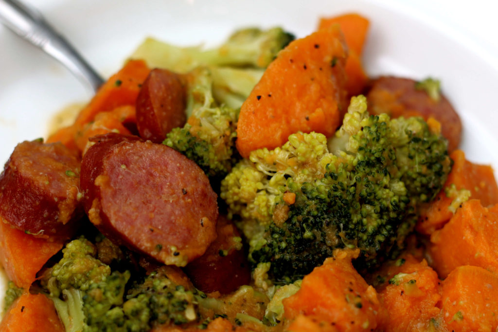 Instant Pot Sausage, Sweet Potatoes and Broccoli--a flavorful, healthy-ish and easy dump and go meal. This will quickly become a family favorite!
