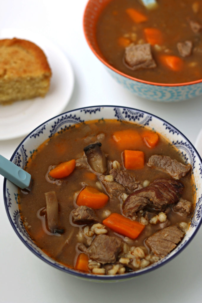 Instant Pot Beef and Barley Soup--a savory brothy soup with tender bites of beef, chewy barley and vegetables. 