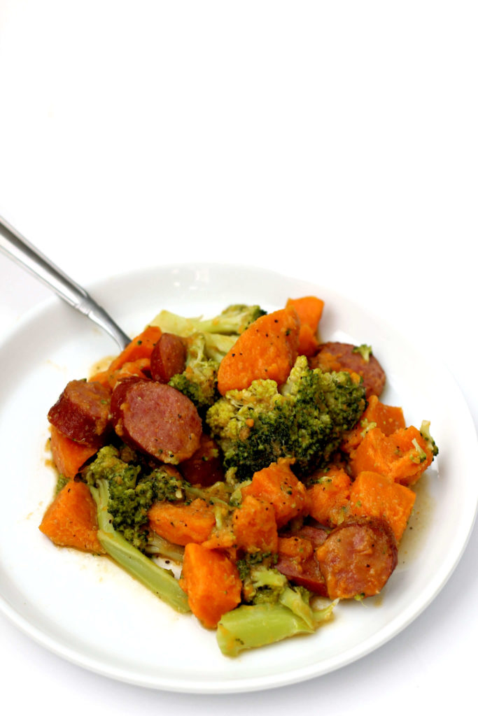 Instant Pot Sausage, Sweet Potatoes and Broccoli--a flavorful, healthy-ish and easy dump and go meal. This will quickly become a family favorite!