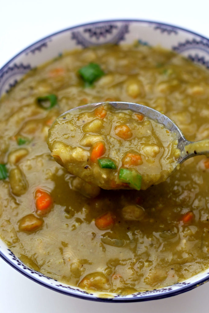 Instant Pot Dakota Smashed Pea and Barley Soup--A hearty split pea soup with barley, carrots, onions, savory herbs and green onions. This is a copycat recipe of the popular vegan soup sold at California Pizza Kitchen. 