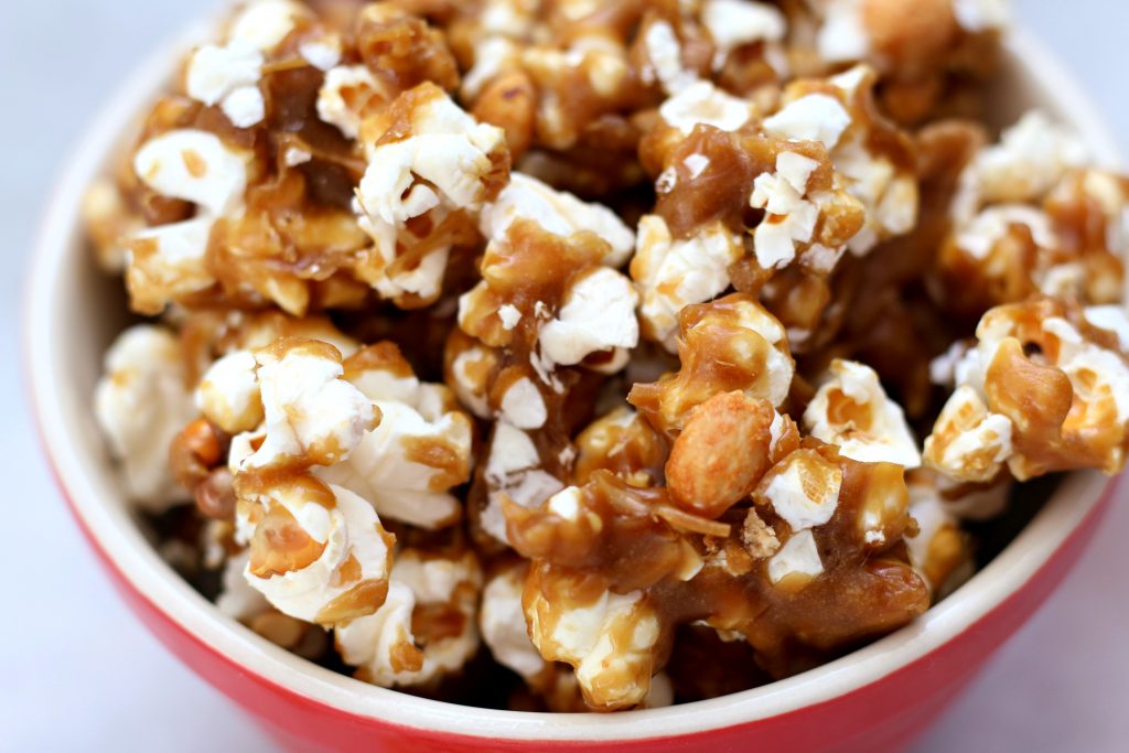 caramel popcorn in a bowl
