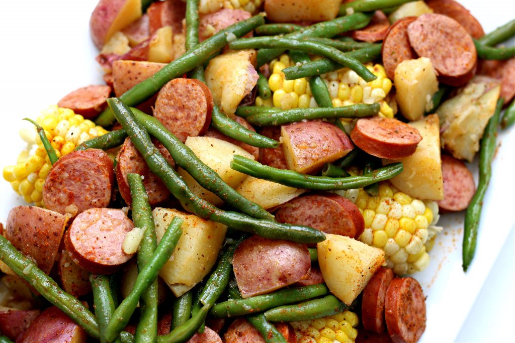 red potatoes, corn and green beans