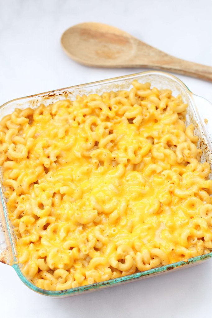 macaroni and cheese baked in a square dish