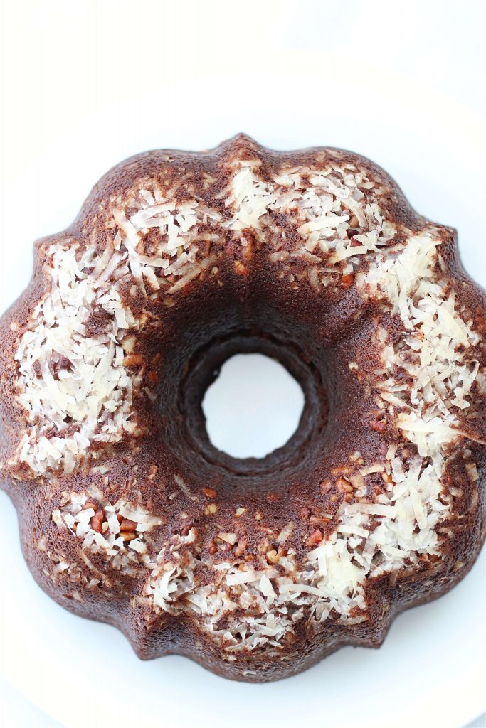 Instant Pot Earthquake Cake--a homemade chocolate bundt cake with coconut, pecans and cream cheese.