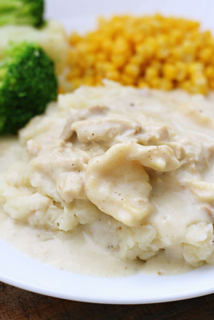 Amish Instant Pot recipe for chicken and noodles over mashed potatoes