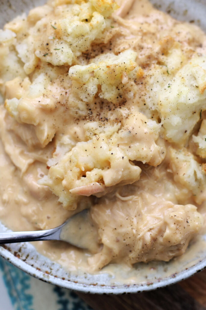 Underground Chicken Casserole--chicken and gravy topped with a layer of mashed potatoes made in your Instant Pot.