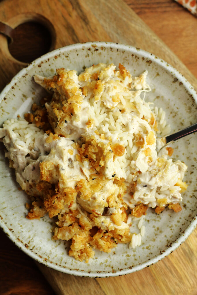 Instant Pot Healther's Chicken Casserole with Everything Bagel Seasoning and Ritz Cracker topping
