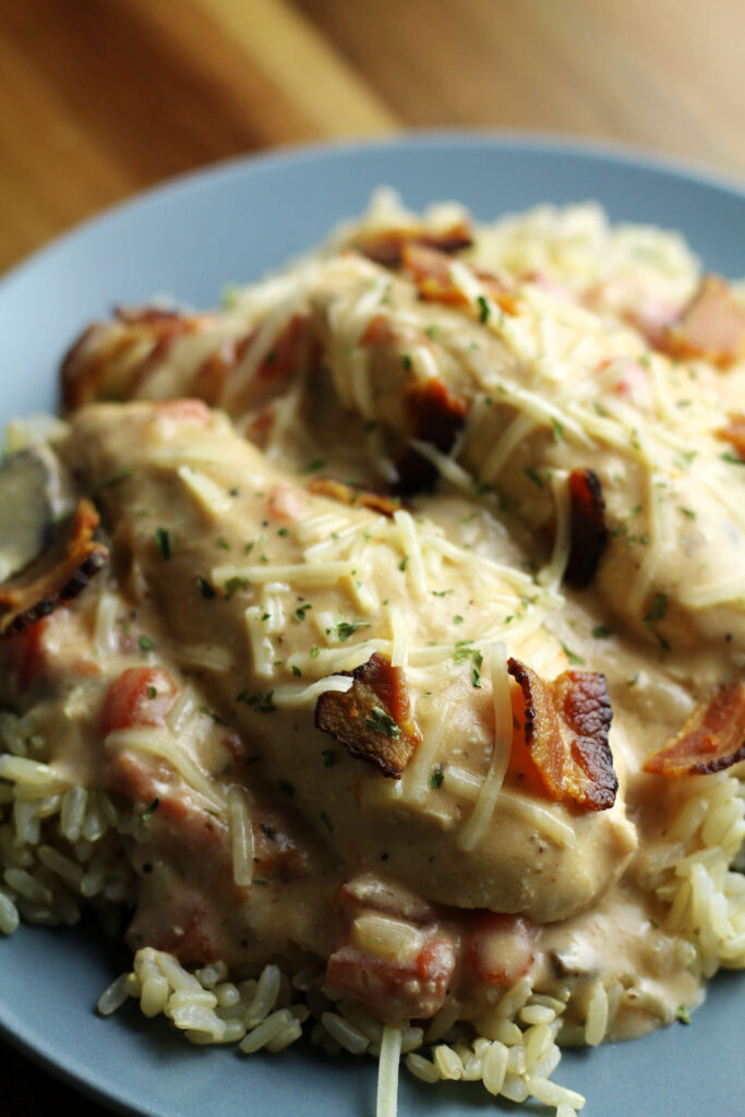 Diamond Club Chicken--chicken tenderloins with bacon, cream cheese, mushrooms and parmesan made in the Instant Pot.