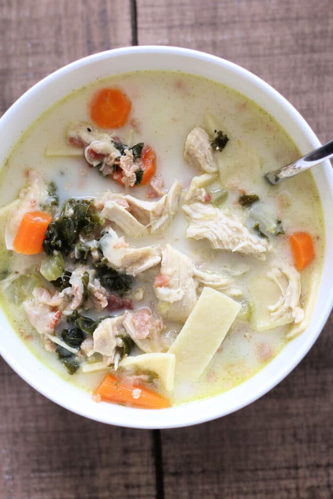 Instant Pot or Crockpot Chicken Bacon Kale Noodle Soup