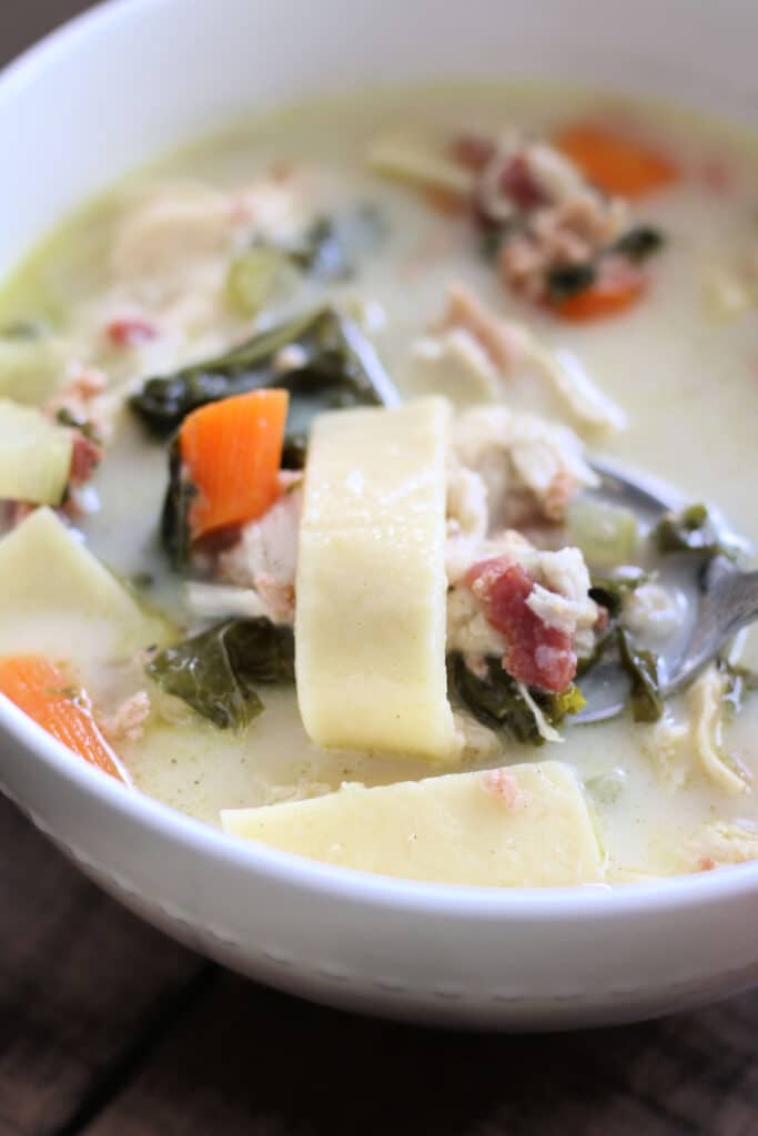 Instant Pot or Crockpot Chicken Bacon Kale Noodle Soup