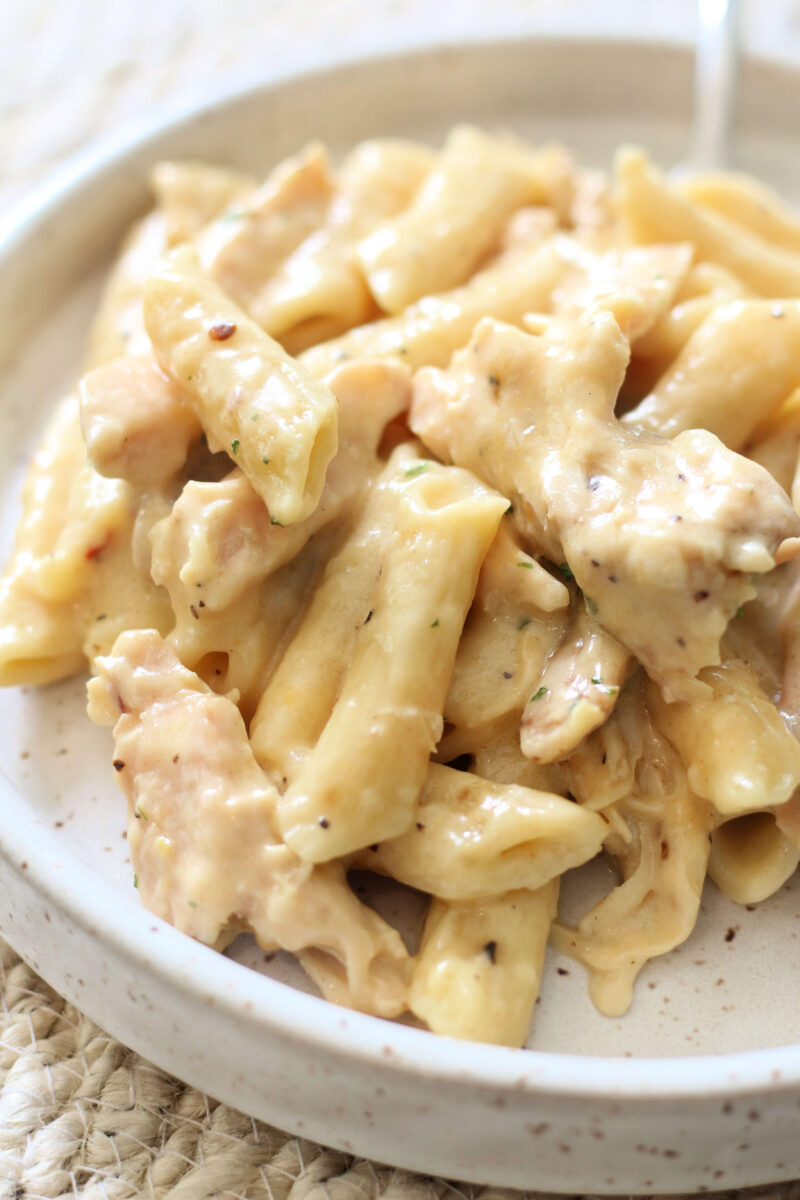 Close-up of creamy chicken penne pasta coated in a rich, cheesy sauce, with tender chunks of chicken and specks of herbs in a shallow bowl.