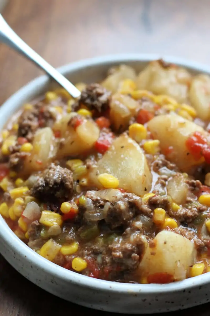 Dolly Parton's Ground Beef Casserole--an easy Instant Pot or slow cooker dinner made with ground beef, potatoes, corn, tomatoes and melty mozzarella cheese.