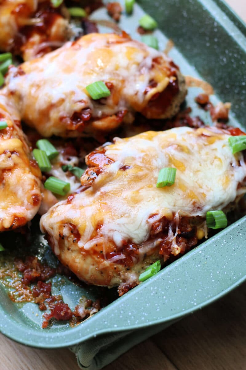 Homemade Loaded Monterey Chicken--an easy chicken breast dinner with barbecue sauce, crispy bacon and melted cheese for a flavor-packed meal.