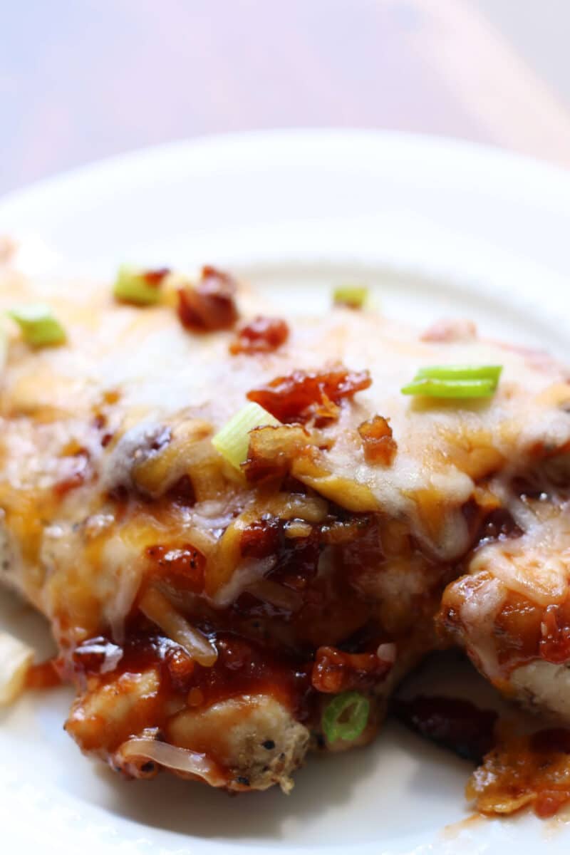 Homemade Loaded Monterey Chicken--an easy chicken breast dinner with barbecue sauce, crispy bacon and melted cheese for a flavor-packed meal.