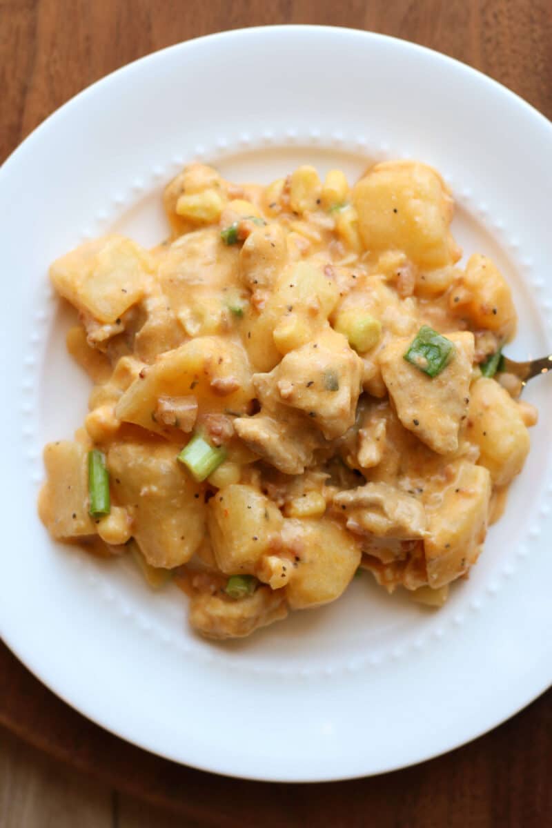 Loaded Buffalo Chicken Potato Casserole