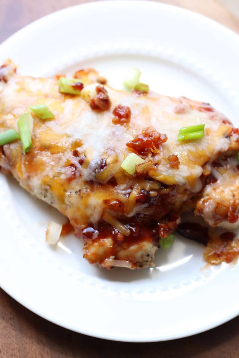 Homemade Loaded Monterey Chicken--an easy chicken breast dinner with barbecue sauce, crispy bacon and melted cheese for a flavor-packed meal.