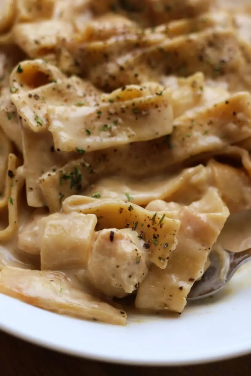 French Onion Cheesy Chicken Noodle Casserole--an Instant Pot dinner made with tender chicken, egg noodles, caramelized onions and French onion dip for an easy creamy pasta dinner. 