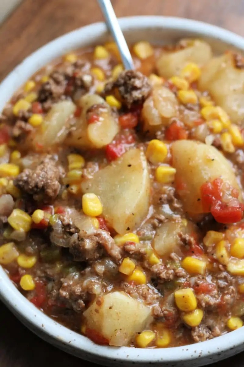 Dolly Parton's Ground Beef Casserole--an easy Instant Pot or slow cooker dinner made with ground beef, potatoes, corn, tomatoes and melty mozzarella cheese.