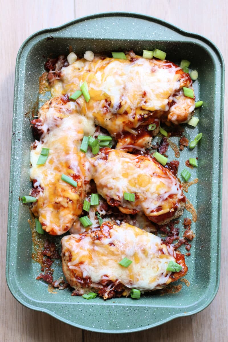 Homemade Loaded Monterey Chicken--an easy chicken breast dinner with barbecue sauce, crispy bacon and melted cheese for a flavor-packed meal.
