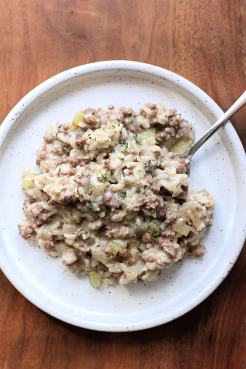 Minnesota Hamburger Rice Hotdish--an easy one-pot dinner made with tender beef, rice, celery, onion and creamy mushroom soup.