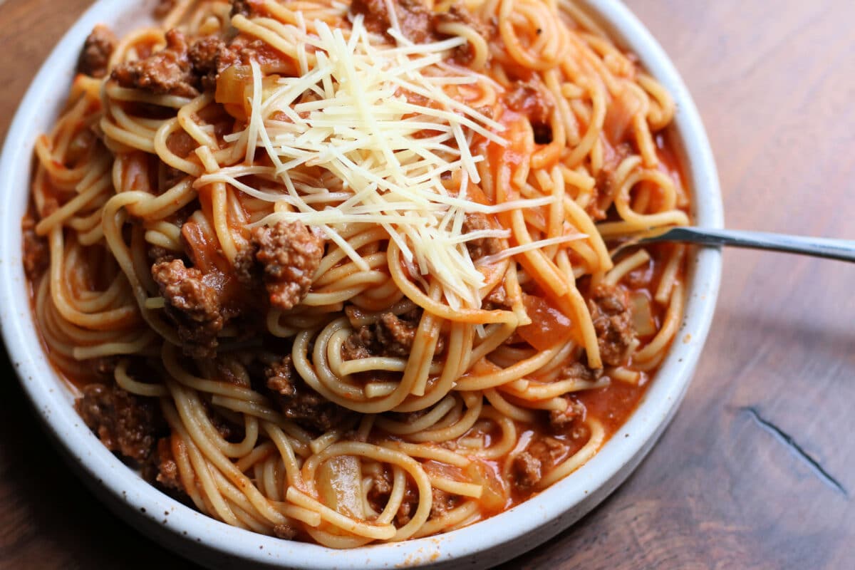 Oma's German Spaghetti--easy Instant Pot spaghetti with ground beef, crushed tomatoes, celery and onion.