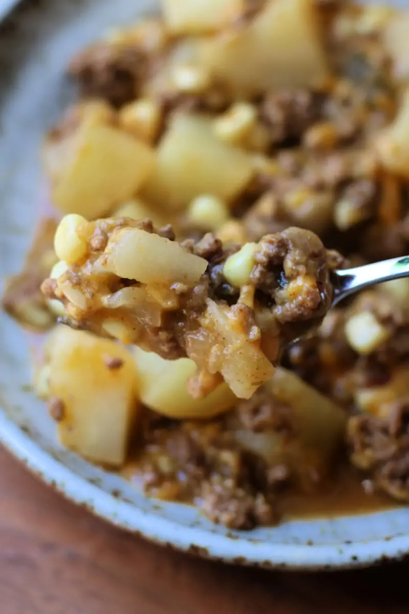 Southwest Ground Beef Potato Casserole--an easy Instant Pot dinner with seasoned ground beef, tender potatoes, salsa verde, and melted cheddar cheese.
